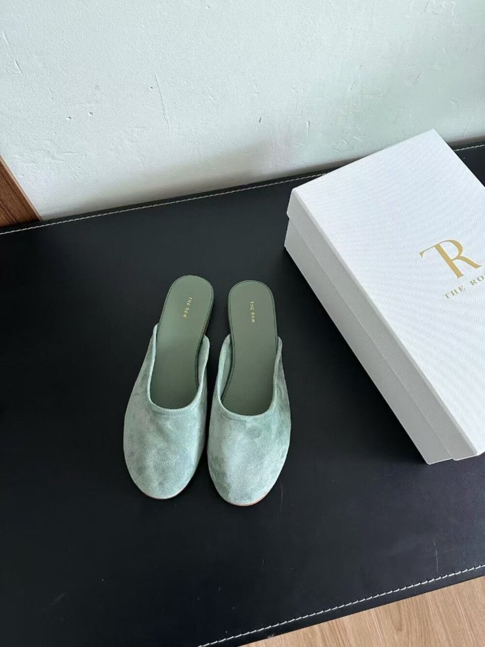 Luxury The Row Sage Green Suede Backless Mules